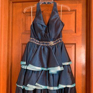 Hannah S Halter Neck Knee Length Prom Dress in Blue/Light Blue